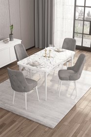 Resim Canisa Concept Are Serisi 80x132 Açılabilir Beyaz Mermer Desen Masa Takımı Ve 4 Gri Sandalye 