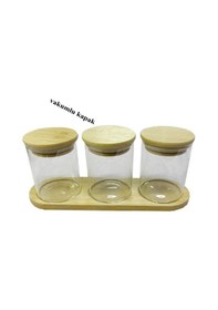 Resim Bambu Standlı 3 Lü Mini Baharatlık Seti Vakum Kapaklı Kavanoz 7x6 Cm Stand 22x7 Cm Şeffaf 