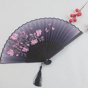Resim 1 Siyah Bambu Katlanır Yelpaze - Pembe ve Mor Çiçekli Vintage Kiraz Çiçeği Tasarımı, Hafif Taşınabilir El Yelpazesi Hanfu Dansı için, Mezuniyet Hediyeleri, Ev Dekoru, Bambu Dekor 