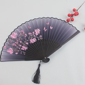 Resim 1 Siyah Bambu Katlanır Yelpaze - Pembe ve Mor Çiçekli Vintage Kiraz Çiçeği Tasarımı, Hafif Taşınabilir El Yelpazesi Hanfu Dansı için, Mezuniyet Hediyeleri, Ev Dekoru, Bambu Dekor 