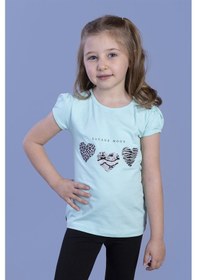 Resim Toontoy Kids Toontoy Kız Çocuk Simli Kalp Desenli T-shirt Açık Mint Yeşili 