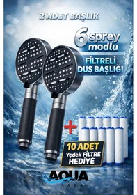 Resim 2 Adet 6 Fonksiyonlu Filtreli Duş Başlığı 10adet Yedek Filtre Su Arıtmalı, Klor Ve Kireç Önleyici, Yüksek Basınçlı Gri - Siyah 
