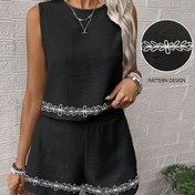 Resim Kadınların Şık Siyah Kolsuz Atlet ve Şort Takımı - Çiçek Desenli, Polyester, Yaz Modası, Kolsuz Üst|Çiçek Desenli Üst|Polyester Kumaş 