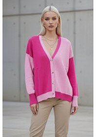 Resim Kadın Fuşya-pembe Oversize Yumuşak Dokulu Rahat Kesim Düğmeli Triko Hırka - Kadın Hırka Pembe 