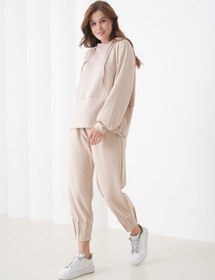 Resim MAMAYAGA Kadın Oversize Kapüşonlu Sweatshirt Pileli Tasarım Pantolonlu Tesettüre Uygun Eşofman Takımı 