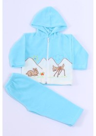 Resim Bebek Polar Alt Üst Takım Kapşonlu Fermuarlı Nakışlı E11 Turkuaz 
