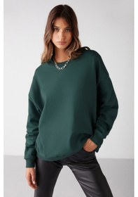 Resim Grimelange Susana Kadın Bisiklet Yaka Içi Polarlı Oversize Fit Basic Koyu Yeşil Sweatshirt 