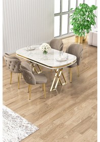 Resim Canisa Zae Serisi 90x168 Lak Panel Beyaz Mermer Desen Gold Ayak Masa Takımı 4 Cappucinosandalye Beyaz Mermer Desen Masa,cappucino Sandalye 