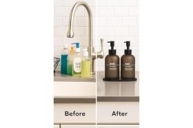 Resim Bulaşık Deterjanlık ve Sabunluk Seti Bambu Tepsili Şık Ikili Set Siyah Beyaz Modern Tasarım Kompozit Malzemeli Mutfak Tezgah Üstü Organizer (Gri) 