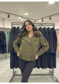 Resim Ribana Classic Kadın Kürk Yaka Detaylı İçi Astarlı Çift Cepli Omuzları Kemerli Beli Lasitkli Ceket Görünümlü Kaban 4901 Haki 