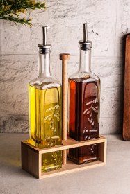 Resim Snippy Verra - 2'li Ahşap Tutmalı Standlı Cam Yağdanlık Damlatmaz Yağlık Sirkelik Zeytinyağı Şişesi Soft 500ml Ahşap 