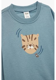 Resim Koton Erkek Bebek Pamuklu Uzun Kollu Bisiklet Yaka Kaplan Baskılı Oversize Sweatshirt Mavi 