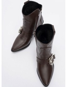 Resim Luvi Shoes Any Kahve Cilt Taşlı Hakiki Deri Kadın Topuklu Bot Kahverengi Deri 