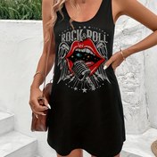 Resim Kadınlar için Günlük Rock 'n' Roll Grafikli Kolsuz Elbise - Siyah Yuvarlak Yaka, Cesur Dudaklar, Yıldızlar & Kanat Baskılı Makinede Yıkanabilir Her Mevsim Giyimi Müzik Festivalleri ve Günlük Kıyafetler İçin, Müzik Kıyafetleri, Festival Kıyafeti, Rahat Kalıp 