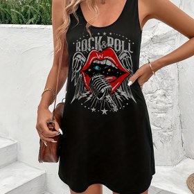 Resim Kadınlar için Günlük Rock 'n' Roll Grafikli Kolsuz Elbise - Siyah Yuvarlak Yaka, Cesur Dudaklar, Yıldızlar & Kanat Baskılı Makinede Yıkanabilir Her Mevsim Giyimi Müzik Festivalleri ve Günlük Kıyafetler İçin, Müzik Kıyafetleri, Festival Kıyafeti, Rahat Kalıp 