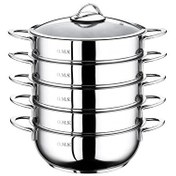 Resim OMS 6090-C 6 Parça Paslanmaz Çelik Cam Kapaklı 34x10 CM 8 L Buharlı Pişirici Mantı Tenceresi 