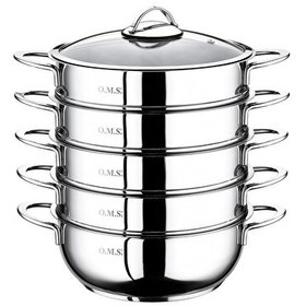 Resim OMS 6090-C 6 Parça Paslanmaz Çelik Cam Kapaklı 34x10 CM 8 L Buharlı Pişirici Mantı Tenceresi 