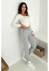 Resim Kadın Bağcıklı Jogger Pantolon & Eşofman Altı Sportif & Enerjik Stil Gri 
