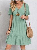 Resim Açık Yeşil Avrupa Ve Amerikan Kadın Giyim Yaz Gevşek Günlük V Yaka Elbise S Açık Yeşil 