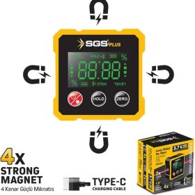 Resim Sgs Mıknatıslı Çift Yönlü Lazer Açı Ölçer - 1.8" Ekran - Type-C Şarj 