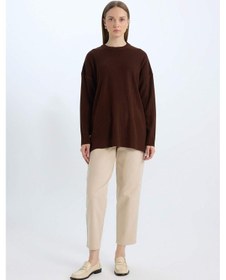 Resim DeFacto Relax Fit Bisiklet Yaka Basic Düz Triko Tunik Kazak E2938AX24WNBN320 Kahve 