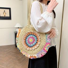 Resim Şık Bohem Dokuma Tote Çanta - Renkli Çiçek Deseni, Büyük Kapasite, Fermuar Kapatma, Plaj Tatilleri ve Rahat Geziler için Mükemmel, Plaj Çantası 