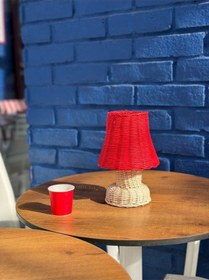 Resim Kırmızı Rattan & Bambu Masa Üstü Kablosuz Pilli Abajur Alt- Üst Rattan Masa Lambası 