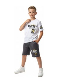 Resim Toontoy Kids Toontoy Erkek Çocuk 2'li Şortlu Takım Bisiklet Yaka Kısa Kollu Baskılı Tişört Bağlamalı Baskılı Şort 25025 Füme 
