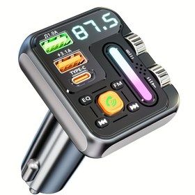 Resim 1 adet Kablosuz FM Verici Araba Adaptörü Tip-C Hızlı Şarj ve USB Bağlantı Noktası ile, HiFi Tiz ve Bas, Renkli Ekran ve Müzik Işık Çubuğu, Büyük Düğme + Çift Silindir Tasarım, Kablosuz, Eller Serbest Asistan, Araba Ses Eğlencesi için USB Sürücü Okuma, Eller Serbest Sürüş | Şık Cihaz Tasarımı | Sezgisel Kontrol Tasarımı 