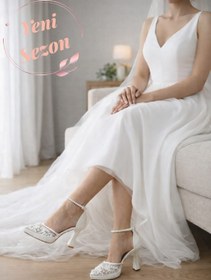 Resim Famels Topuklu Ayakkabı Dantelli Nikah Düğün Gelin Ayakkabısı ve Kolye Seti Hediyeli 