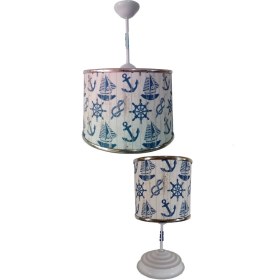 Resim Gemili 2.li Set Kumaş Kaplama Genç ve Çocuk Odası Avize ve Abajur Takımı 