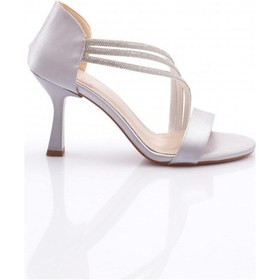 Resim Dgn 920 Kadin Taş Süslemeli Topuklu Ayakkabi Gümüş Saten 