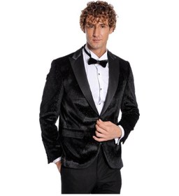 Resim Simli Slim Fit Kadife Siyah Erkek Smokin Ceket - Wessi Siyah 