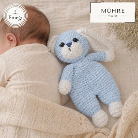 Resim Mühre Ilk Arkadaşım Erkek Çocuğu Amigurumi Organik Tavşan Uyku Arkadaşı Mavi 