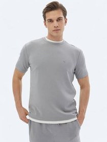 Resim Gri Düz Bisiklet Yaka T-Shirt 