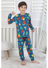Resim Zuzunga Renkli Geometrik Şekilli Erkek Çocuk Pijama Takımı Lacivert 