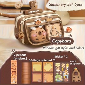 Resim Capibara 6 Parça Set, Kalem, Not Defterleri, 2 Yapışkan, Bir Kalem Bileyici, Bir Sevimli Capybara Kalem Kutusu ile Hayvan Temalı Masa Depolama için Uygun, Öğrenciler ve Hayvan Severler için Uygun, Noel Hediyeleri, 'S Günleri için Gerekli. 