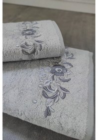 Resim 2'li Nakışlı & Bambu Banyo Havlu Seti - Çiçek Nakışlı Gri 