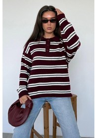 Resim Madmext Bordo Polo Yaka Çizgili Kadın Triko Kazak Mg2469 Bordo 