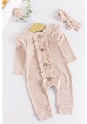 Resim Fırfırlı Önden Düğmeli Bandanalı Kız Bebek Tulum Bej 