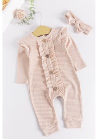 Resim Fırfırlı Önden Düğmeli Bandanalı Kız Bebek Tulum Bej 