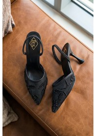 Resim Fox Shoes Y752276315 Siyah File Boncuk İşlemeli İnce Topuklu Kadın Ayakkabı 