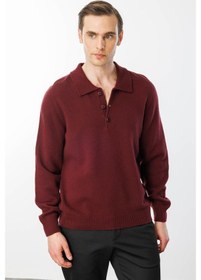 Resim Erkek Polo Yaka Basic Yün Kazak Bordo Bordo 