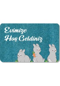 Resim Dijital Baskılı Kapı Önü Paspas Hoşgeldiniz Yazılı Çiçek Desen Ve Tavşan Iç Ve Dış Kapı Yıkanabilir Siyah Ve Mavi 