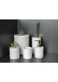 Resim Beyaz Mermer Gold Mercan Aksesuarlı 5'li Banyo Seti Beyaz 