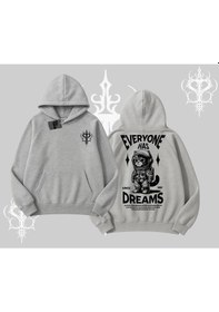 Resim Everyone Has Dreams Yazılı Astronot Kedi Arka Baskılı Kapşonlu Sweatshirt Gri 