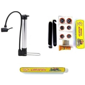 Resim Bisiklet Kısa Alüminyum Pompa 32 Cm + Lastik Tamir Mini Yama Seti Sarı - Siyah 
