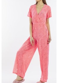 Resim Nicoletta Pembe Kadın Pareo Tulum Plaj Elbisesi Neon Dantelli Pembe 
