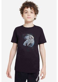 Resim Astronot Dünyadan Uzaya Yolculuk Baskılı Unisex Çocuk Siyah T-Sh 