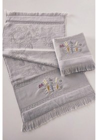 Resim 2'li Nakışlı Jakarlı Kadife El Yüz Havlusu - %100 Pamuk - Gri Grı Gri 